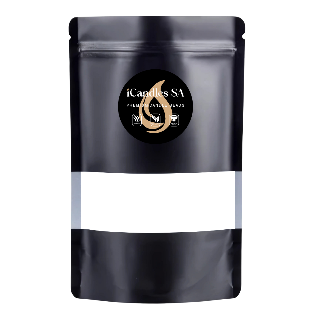 Black packaging with a 500g White sand wax by iCandles SA on a white background