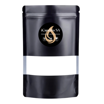 Black packaging with a 500g White sand wax by iCandles SA on a white background
