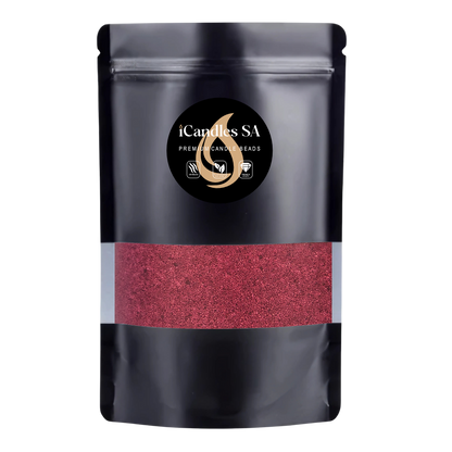 Black packaging with Wine Red sand wax and iCandles SA logo on a white background