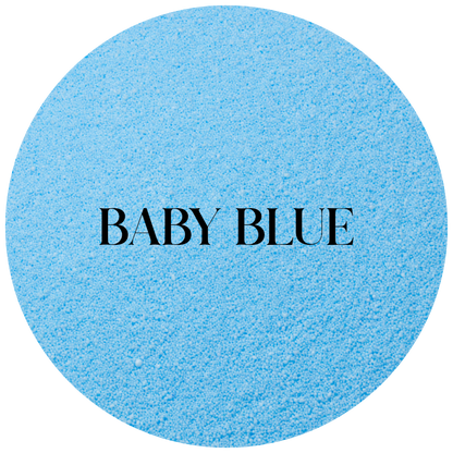 Round swatch of baby blue color with 'BABY BLUE' text in the center.