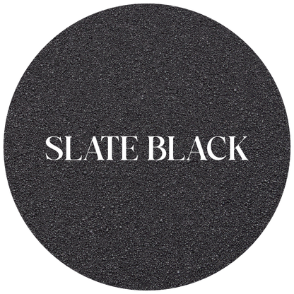 Round sample with 'SLATE BLACK' text in the center
